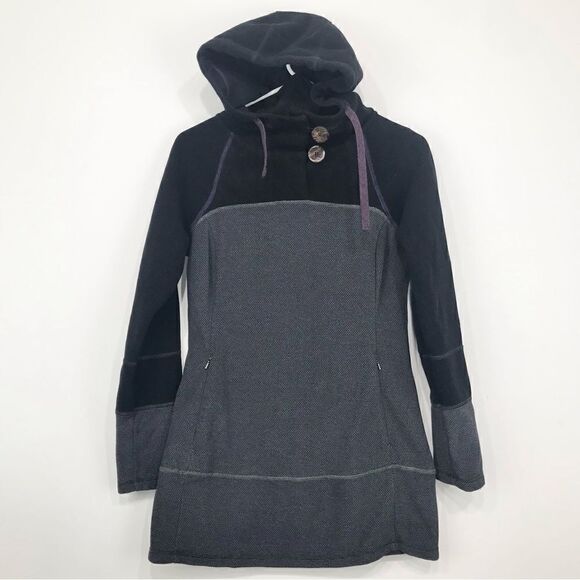 Prana Black Gray Colorblock  Drawstring Hood Cozy Long sleeve Tunic Fleece - Picture 1 of 15